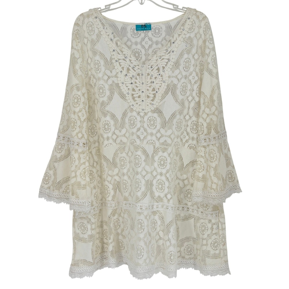 South Main Sheer Lace Bell Sleeve Embroidered Rhinestone Tunic Top Dress L